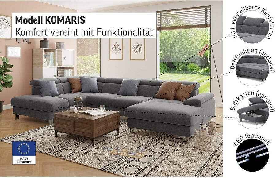 COTTA Zithoek Komaris U-vorm met hoofdeindeverstelling keuze met bedfunctie bedlade & verlichting