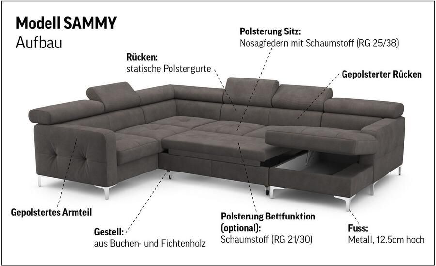 COTTA Zithoek Sammy U-vorm met verstelbaar hoofdeind naar keuze met slaapfunctie & bedkist - Foto 2