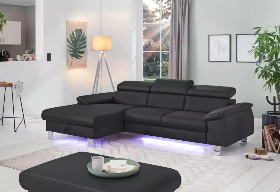 COTTA Hoekbank Komaris met verstelbare hoofdsteun resp. rugleuning naar keuze met slaapfunctie bedkist en rgb-ledverlichting
