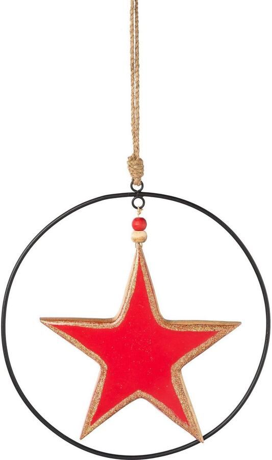 Creativ deco Sierster Kerstster kerstversiering rood met emaille-lak en metalen ring diameter ster 20 cm (2 stuks)