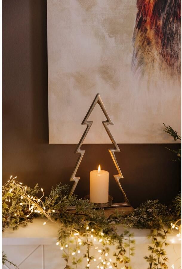 Creativ deco Waxinelichthouder Kerst versiering op hoogwaardige mangohouten plaat in dennenboomvorm hoogte ca. 34 cm (1 stuk)