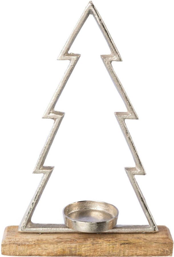 Creativ deco Waxinelichthouder Kerst versiering op hoogwaardige mangohouten plaat in dennenboomvorm hoogte ca. 34 cm (1 stuk) - Foto 2