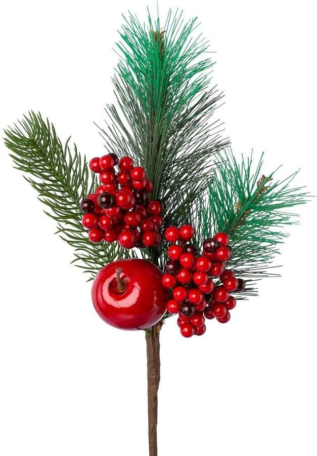 Creativ green Winterse kunstplant Kerst versiering Tak met naalden versierd met appel en bessen 3-delige set (3 stuks)