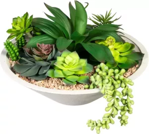Creativ green Kunst-potplanten Vetplanten-arrangement in een schaal van natuurlijk materiaal