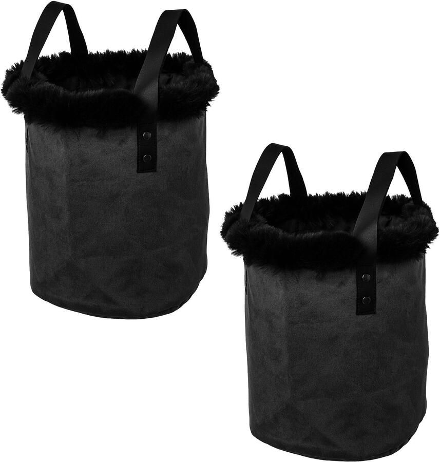 Creativ home Organizer Kerst versiering met rand van imitatiebont en handvat hoogte 20 cm ook als sierpot te gebruiken (set 2 stuks)