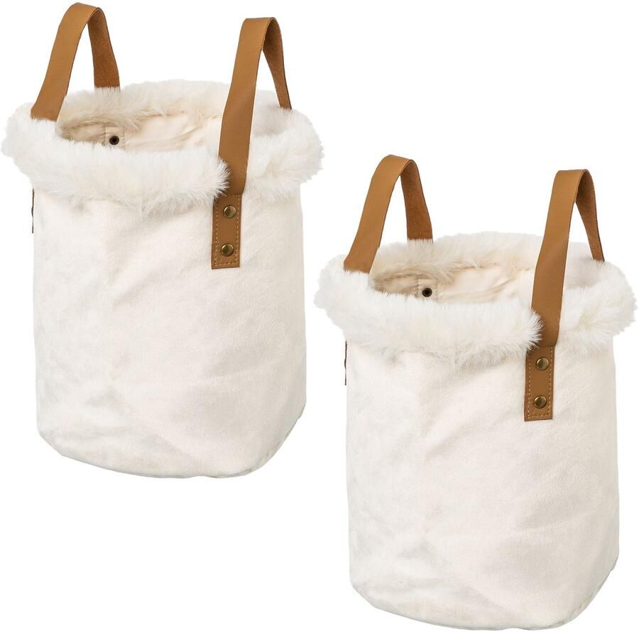 Creativ home Organizer Kerst versiering met rand van imitatiebont en handvat hoogte 20 cm ook als sierpot te gebruiken (set 2 stuks)