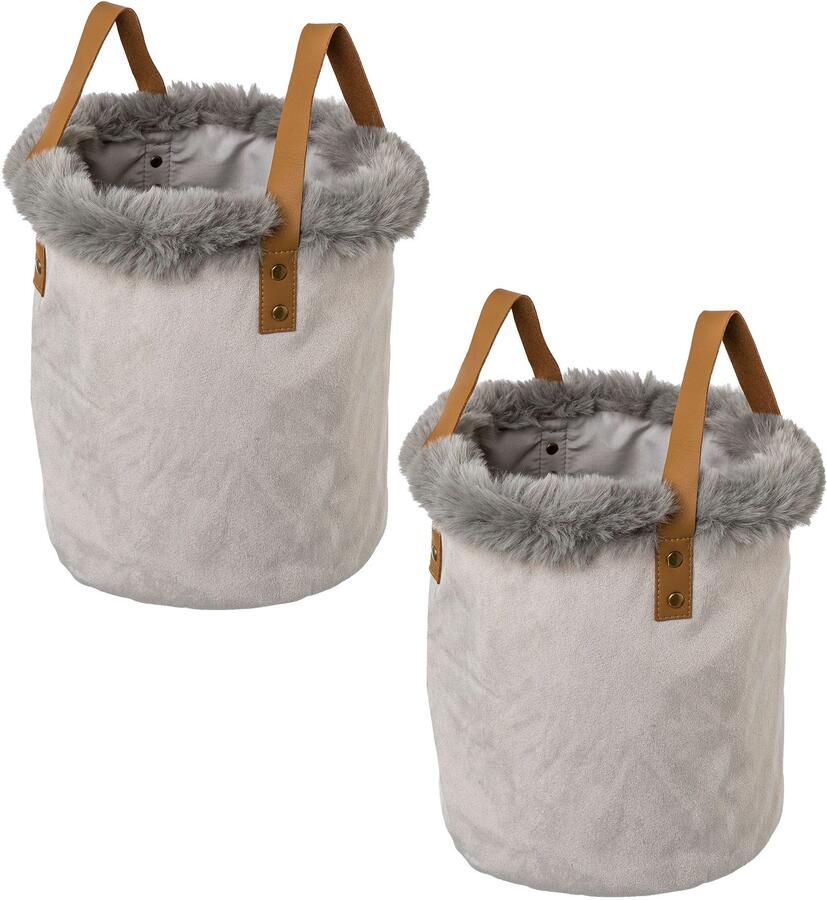 Creativ home Organizer Kerst versiering met rand van imitatiebont en handvat hoogte 20 cm ook als sierpot te gebruiken (set 2 stuks)