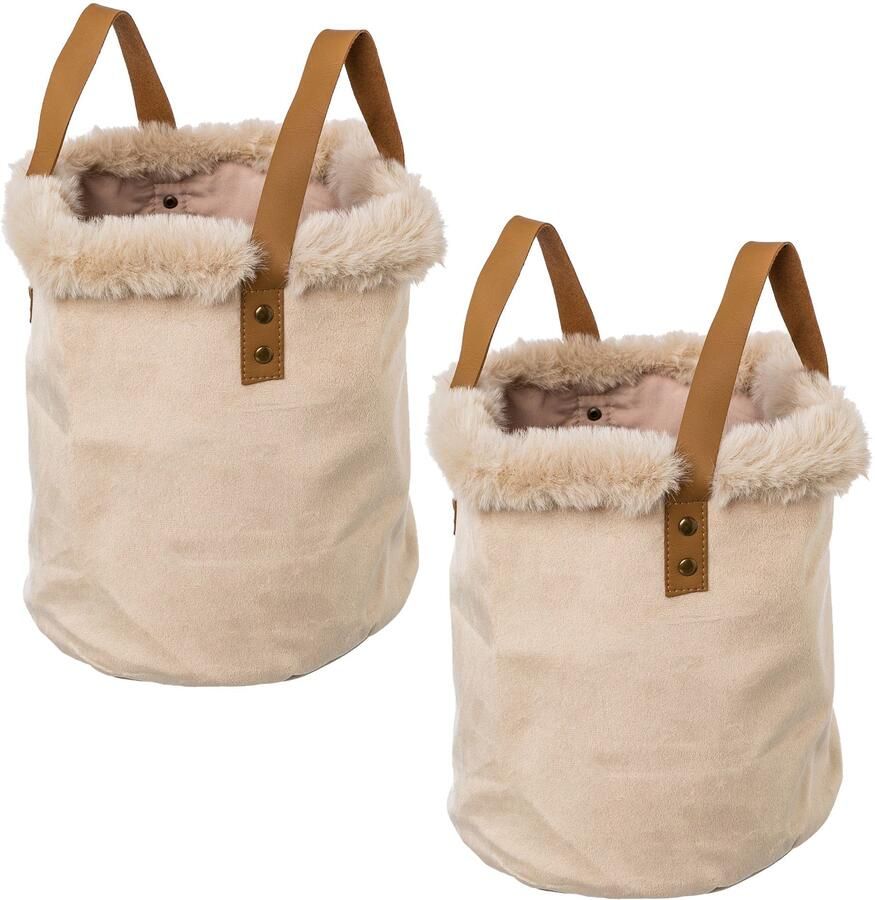 Creativ home Organizer Kerst versiering met rand van imitatiebont en handvat hoogte 20 cm ook als sierpot te gebruiken (set 2 stuks)