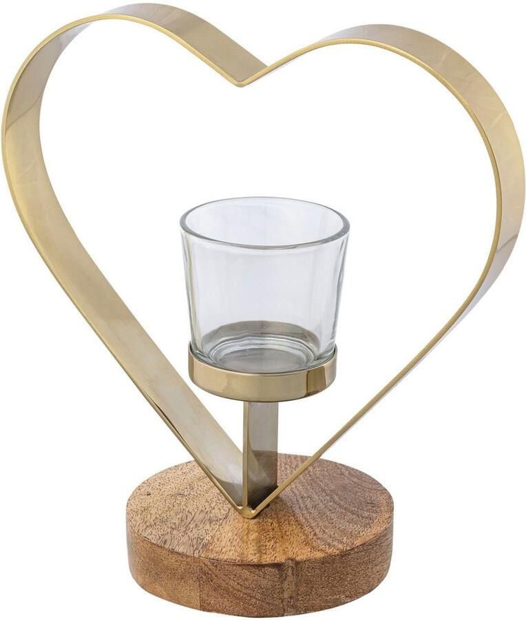 Creativ home Waxinelichthouder Kandelaar hart uit hout roestvrij staal en glas (set 2 stuks)