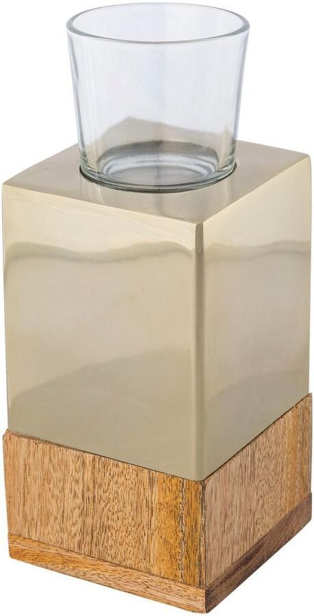 Creativ home Waxinelichthouder Kandelaar Tower uit hout roestvrij staal en glas (set 2 stuks)