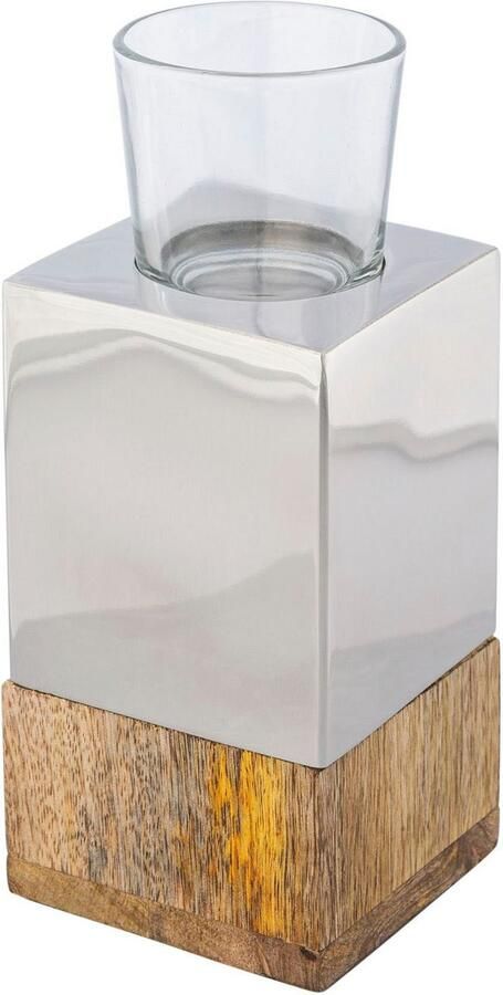 Creativ home Waxinelichthouder Kandelaar Tower uit hout roestvrij staal en glas (set 2 stuks)