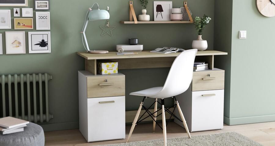 CBA EMOB Bureau Pleun 2 lades 2 draaideuren en 2 opbergvakken-mat wit donkergrijs Kantoor Multicolor Melamine; Spaanplaat Kantoor Op voorraad - Foto 8