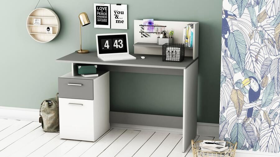 CaliCosy EMOB Bureau Pleun 1 lade 1 draaideur 1 opbergvak 1 open legplank en 2 elastieken-mat wit donkergrijs CBA Kantoor Multicolor Melamine; Spaanplaat Kantoor Op voorraad - Foto 7
