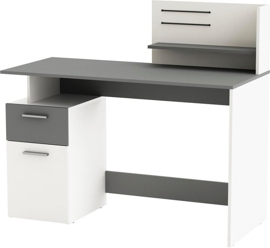 CaliCosy EMOB Bureau Pleun 1 lade 1 draaideur 1 opbergvak 1 open legplank en 2 elastieken-mat wit donkergrijs CBA Kantoor Multicolor Melamine; Spaanplaat Kantoor Op voorraad - Foto 5
