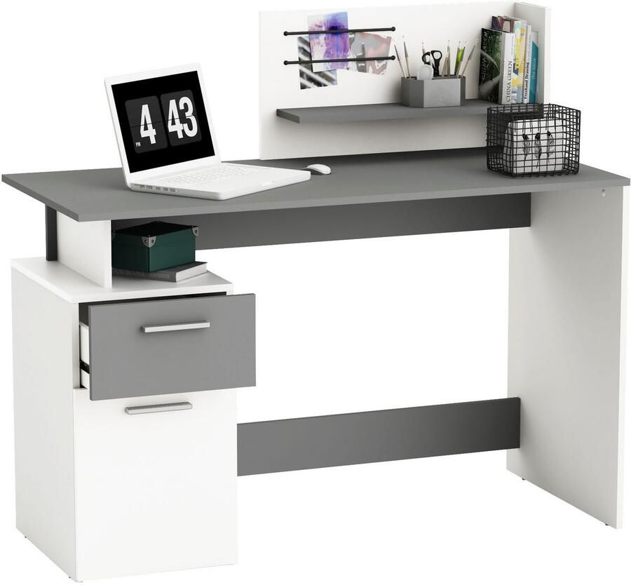 CaliCosy EMOB Bureau Pleun 1 lade 1 draaideur 1 opbergvak 1 open legplank en 2 elastieken-mat wit donkergrijs CBA Kantoor Multicolor Melamine; Spaanplaat Kantoor Op voorraad - Foto 3