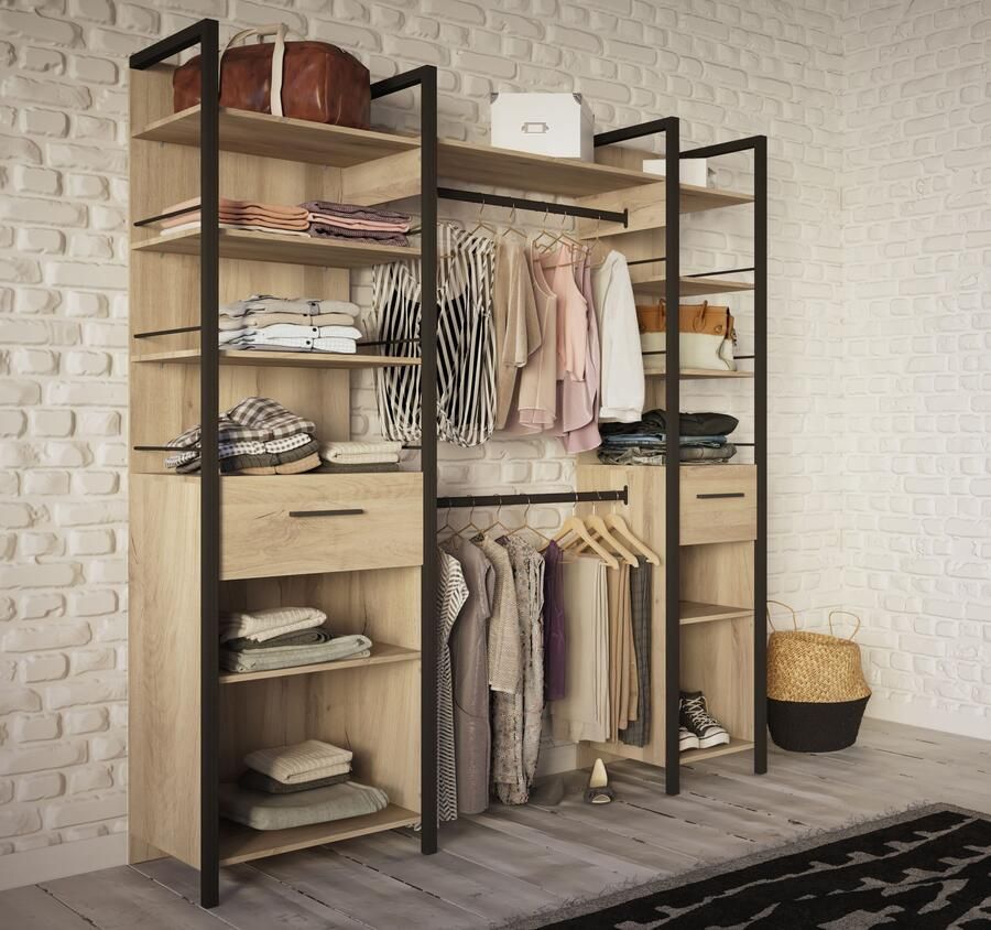 BELFURN Kleerkast Agri 11 legplanken 2 kledingroedes en 2 lades-Kronberg eik matzwart - Foto 8