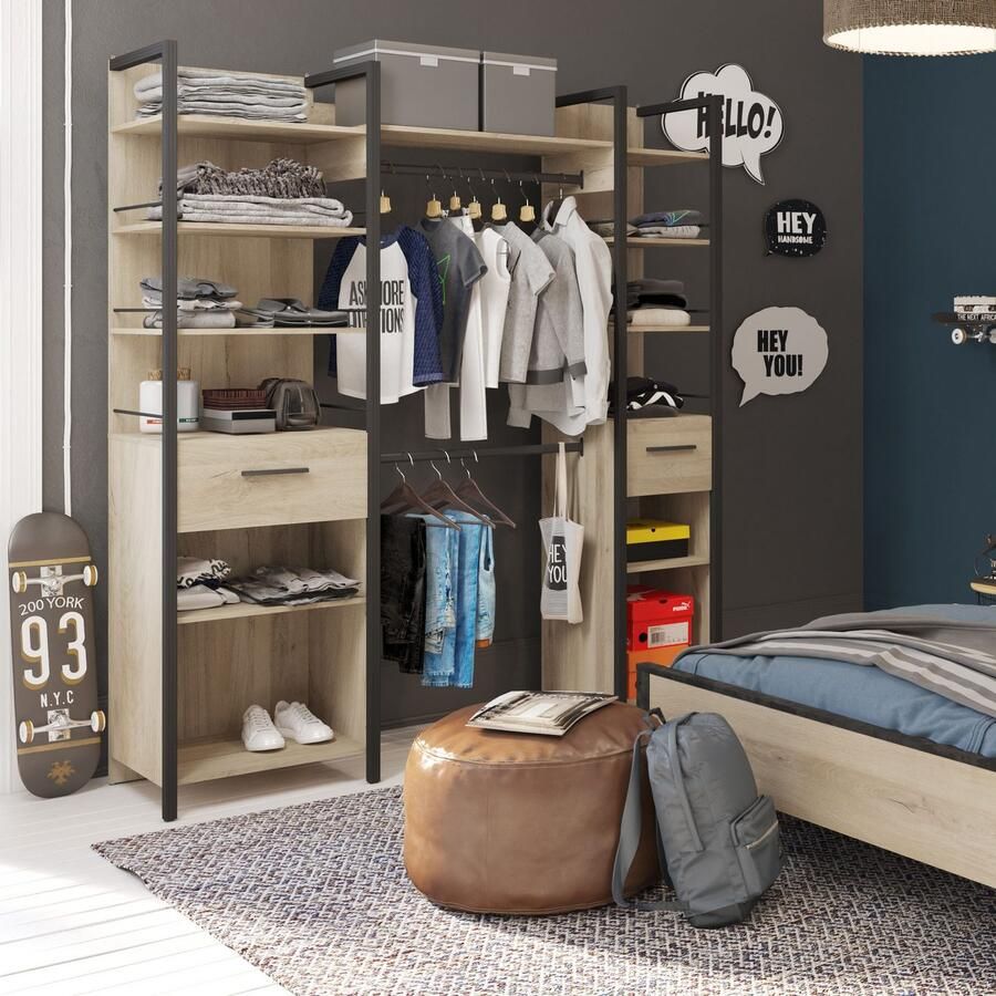 BELFURN Kleerkast Agri 11 legplanken 2 kledingroedes en 2 lades-Kronberg eik matzwart - Foto 3