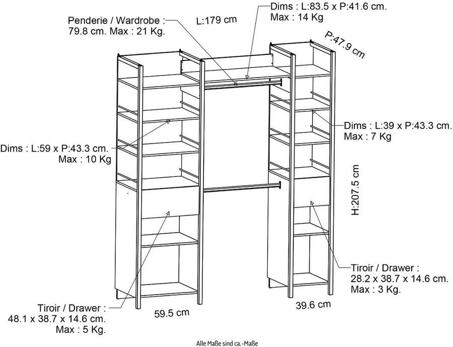 BELFURN Kleerkast Agri 11 legplanken 2 kledingroedes en 2 lades-Kronberg eik matzwart - Foto 7