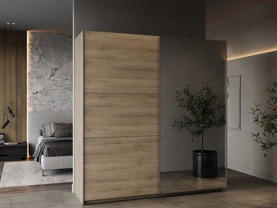 Demeyere GHOST kledingkast Kronberg eiken decor 2 schuifdeuren + spiegel L.194 5 x D.59 9 x H.203 cm - Foto 7