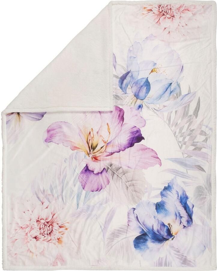 Descanso Plaid Cean Zeer zacht knuffeldeken 130x160 cm omkeerbaar bloemen natuur zand - Foto 4
