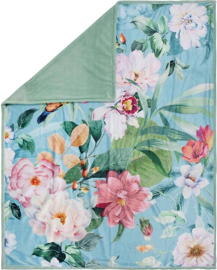 Descanso Plaid Fungi Zeer zacht knuffeldeken 130x160 cm omkeerbaar bloemen groen turquoise - Foto 2