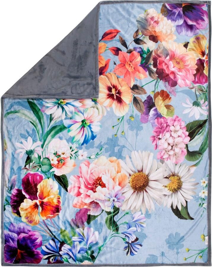 Descanso Plaid NOVARA Zeer zacht knuffeldeken 130x160 cm omkeerbaar bloemen grijs - Foto 2