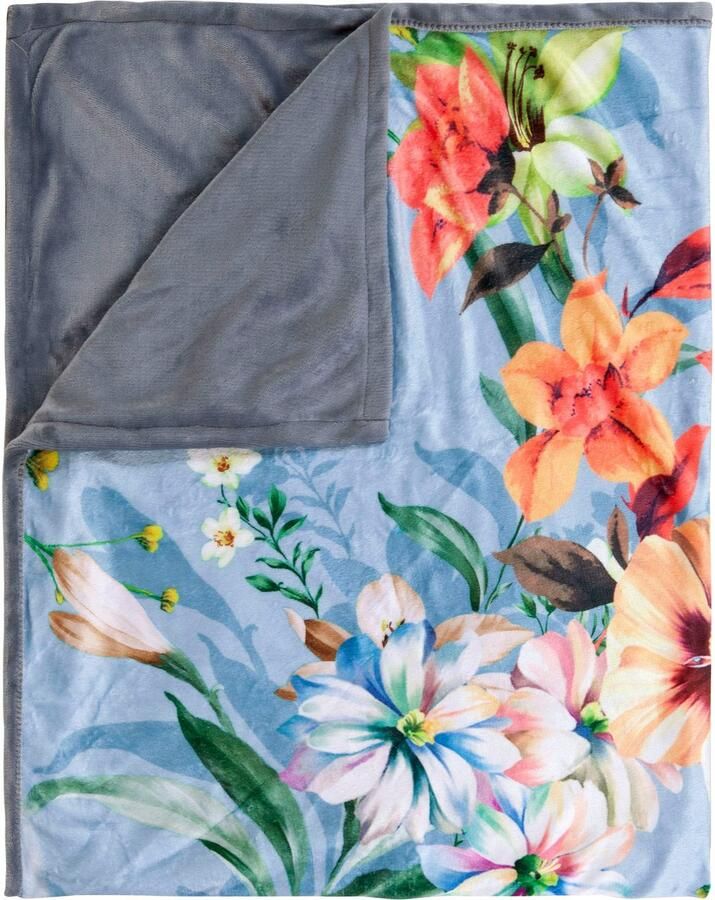Descanso Plaid NOVARA Zeer zacht knuffeldeken 130x160 cm omkeerbaar bloemen grijs - Foto 4