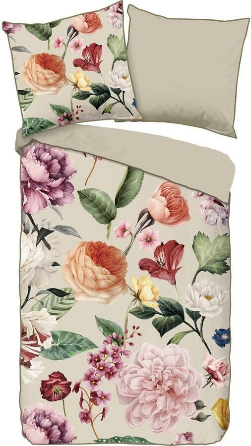 Descanso Tweezijdig te gebruiken overtrekset Fiori Katoen Satijn 135x200 Bies Rits Omkeerbaar Bloemen Zand - Foto 2