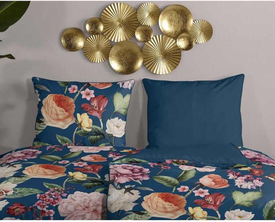 Descanso Tweezijdig te gebruiken overtrekset Fiori Katoen Satijn 135x200 Bies Rits Omkeerbaar Bloemen Zand - Foto 2