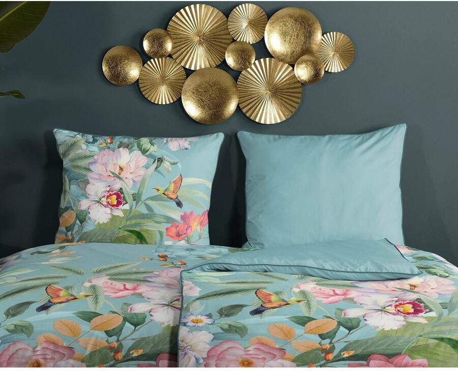 Descanso Tweezijdig te gebruiken overtrekset Fungi Katoen Satijn 135x200 Bies Rits Omkeerbaar Bloemen Turquoise - Foto 2