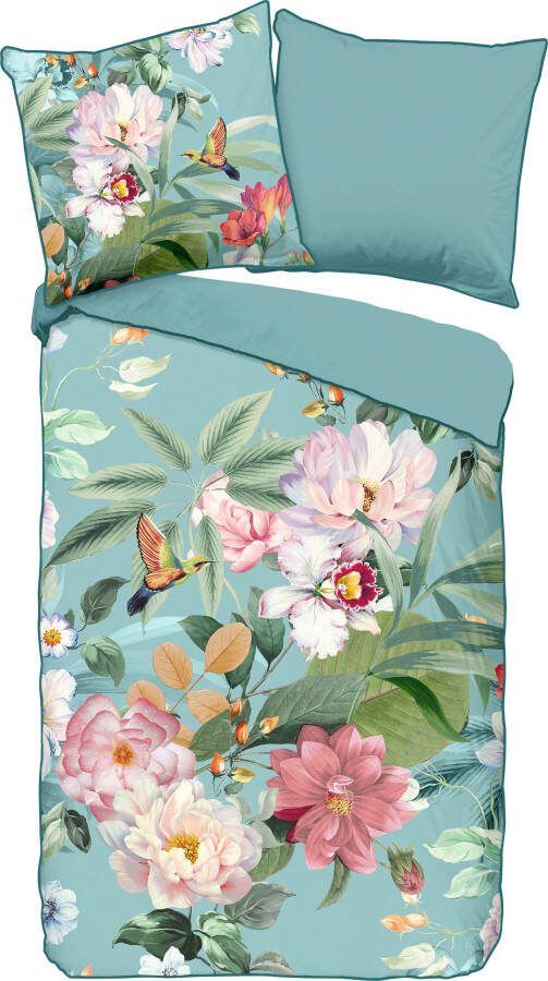 Descanso Tweezijdig te gebruiken overtrekset Fungi Katoen Satijn 135x200 Bies Rits Omkeerbaar Bloemen Turquoise - Foto 4