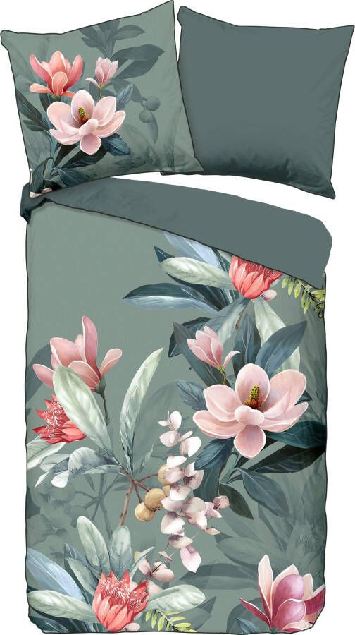 Descanso Tweezijdig te gebruiken overtrekset Parler Katoen Satijn 135x200 Bies Rits Omkeerbaar Bloemen Groen - Foto 4