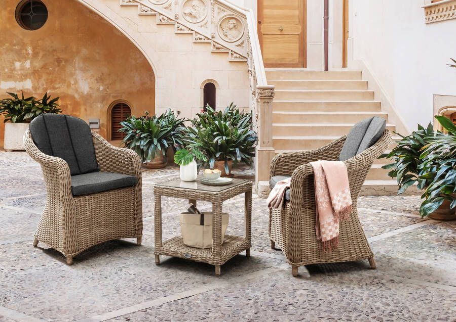 Destiny Balkonset MALAGA MERANO Polyrotan 2 fauteuils + bijzettafel 46x47x50 cm incl. kussens (set 7-delig)