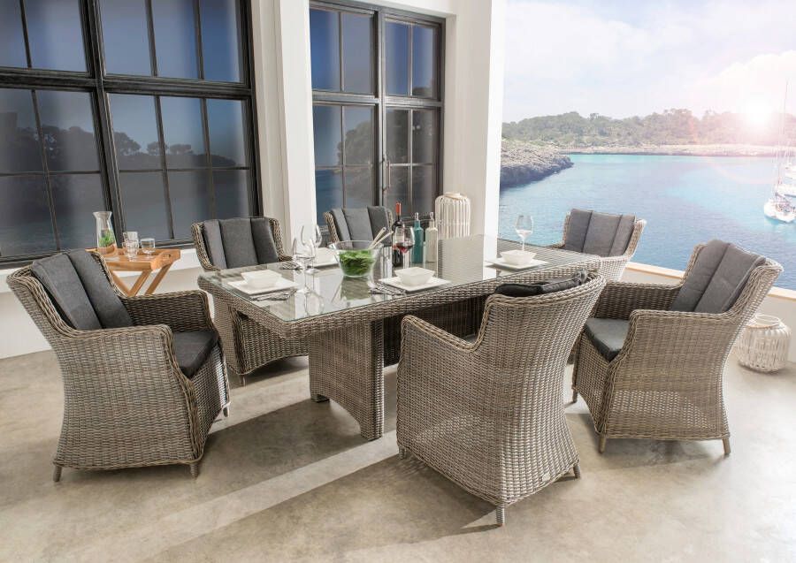 Destiny Tuin-eethoek Luna Polyrotan 6 fauteuils tafel 200x100 cm incl. kussens (set 19-delig)