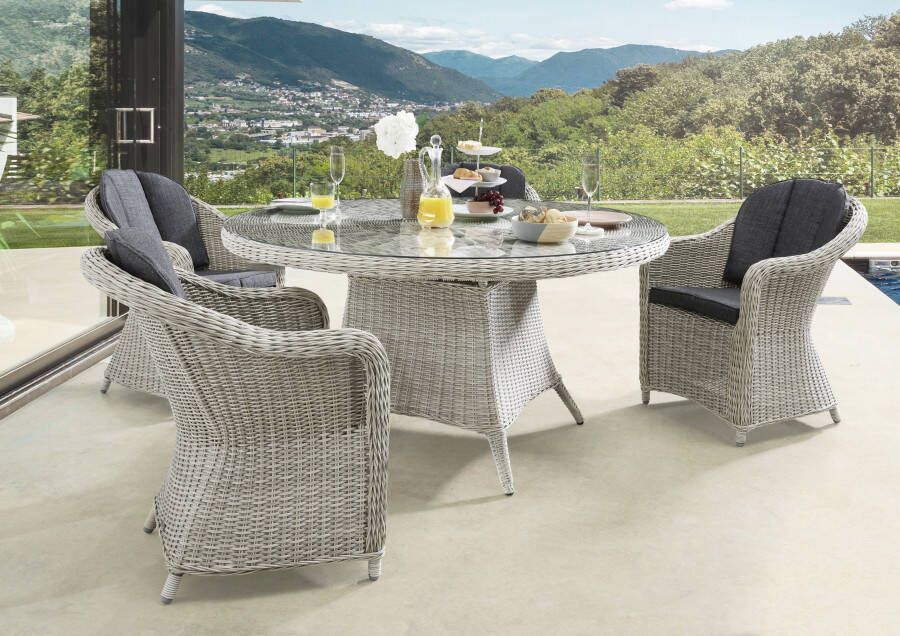 Destiny Tuin-eethoek MALAGA LUNA Polyrotan 4 stoelen + 1 tafel ø 120x75 cm incl. kussens (set 13-delig)