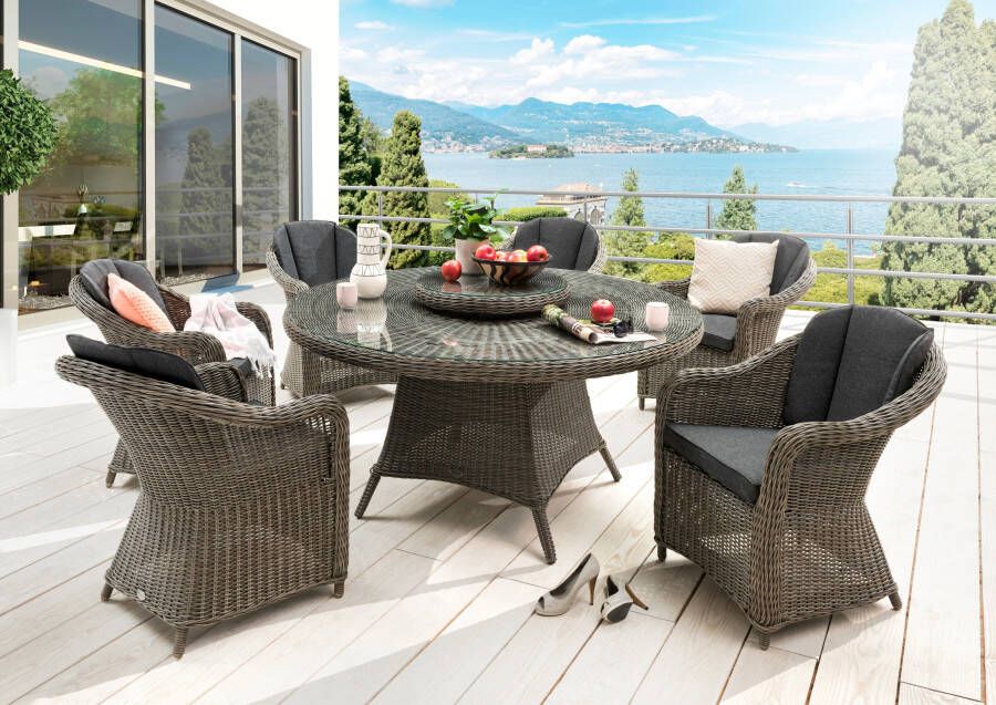 Destiny Tuin-eethoek MALAGA LUNA Polyrotan 6 fauteuils + tafel ø 150x75cm incl. kussens (set 19-delig)