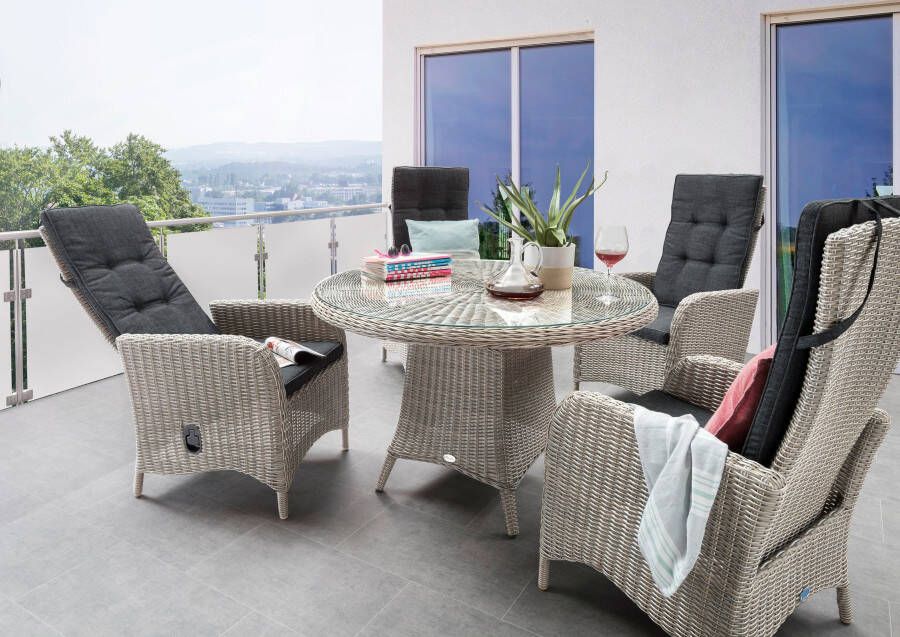 Destiny Tuin-eethoek Palma Luna 4 stoelen met hoge rugleuning traploos verstelbaar tafel ø 120x75cm incl. kussens (set 9-delig)