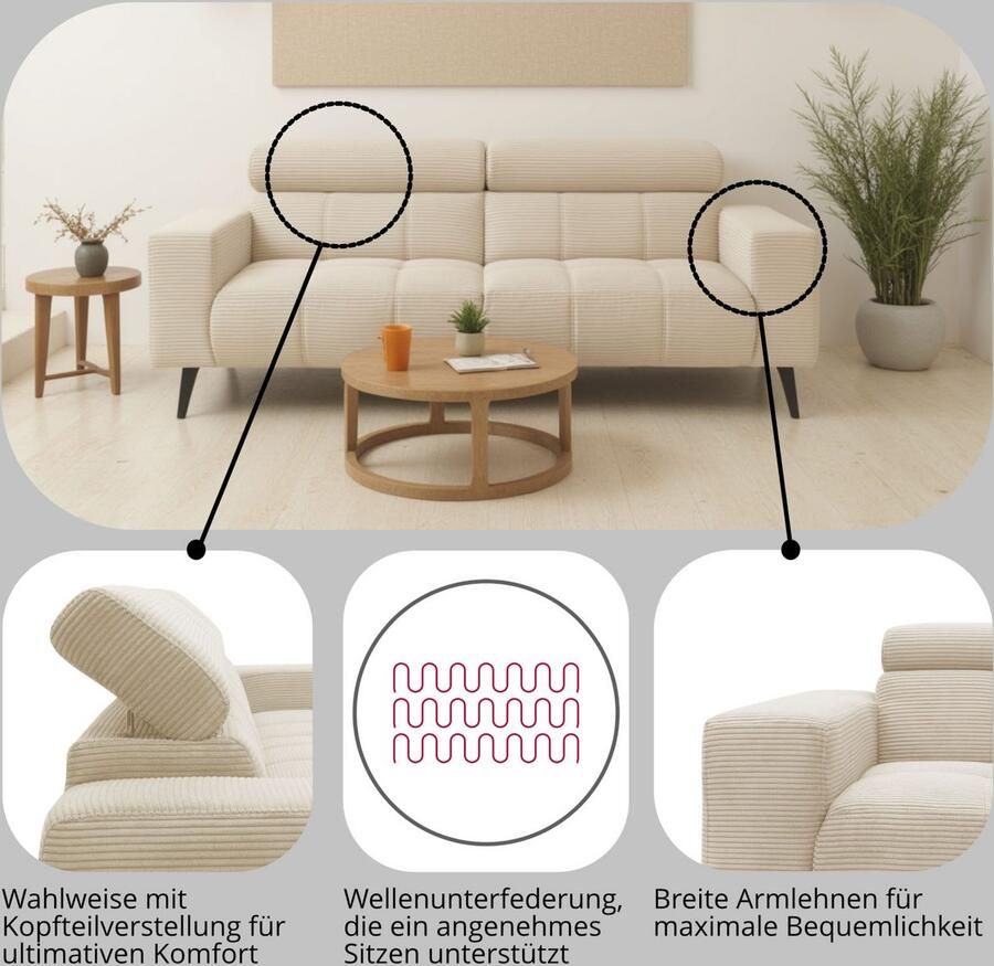 DOMO collection 2-zitsbank Trento met sledevoet of enkele voet keuze met hoofdeinde verstelbaar en in twee maten verkrijgbaar