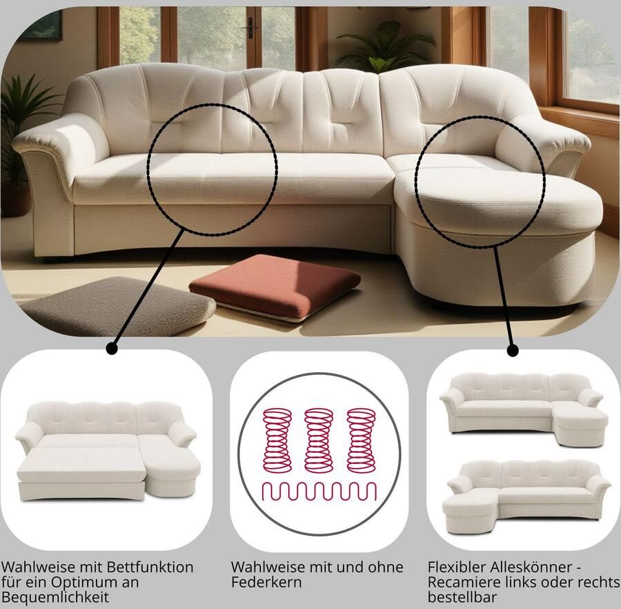 DOMO collection Hoekbank Flores slaapbank B D H: 233 142 86 cm L-vorm naar keuze met slaapfunctie naar keuze met binnenvering ook in leer