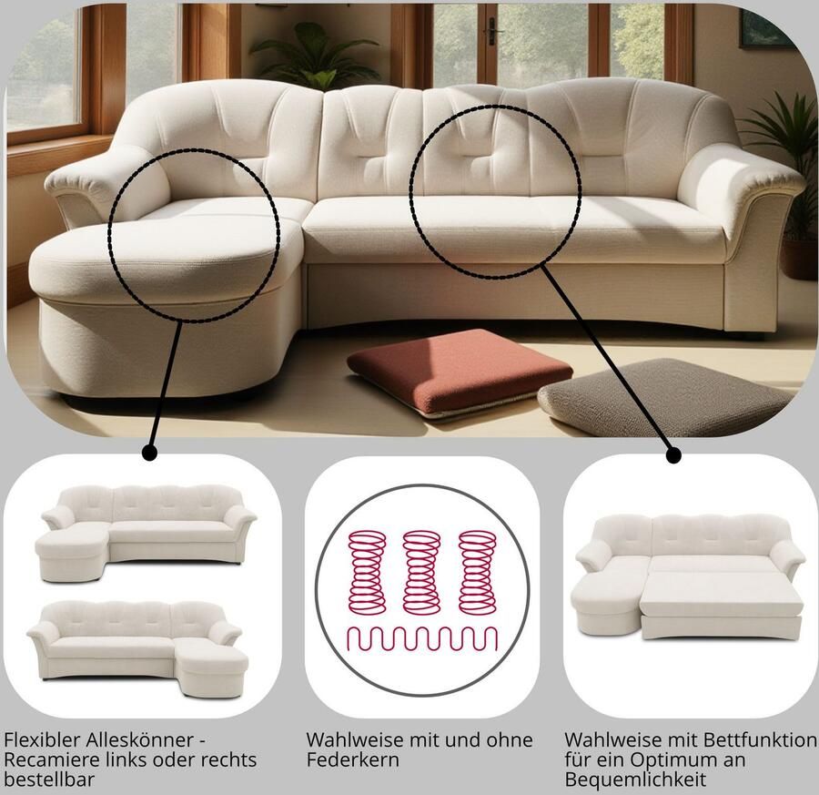 DOMO collection Hoekbank Flores slaapbank B D H: 233 142 86 cm L-vorm naar keuze met slaapfunctie naar keuze met binnenvering ook in leer - Foto 2