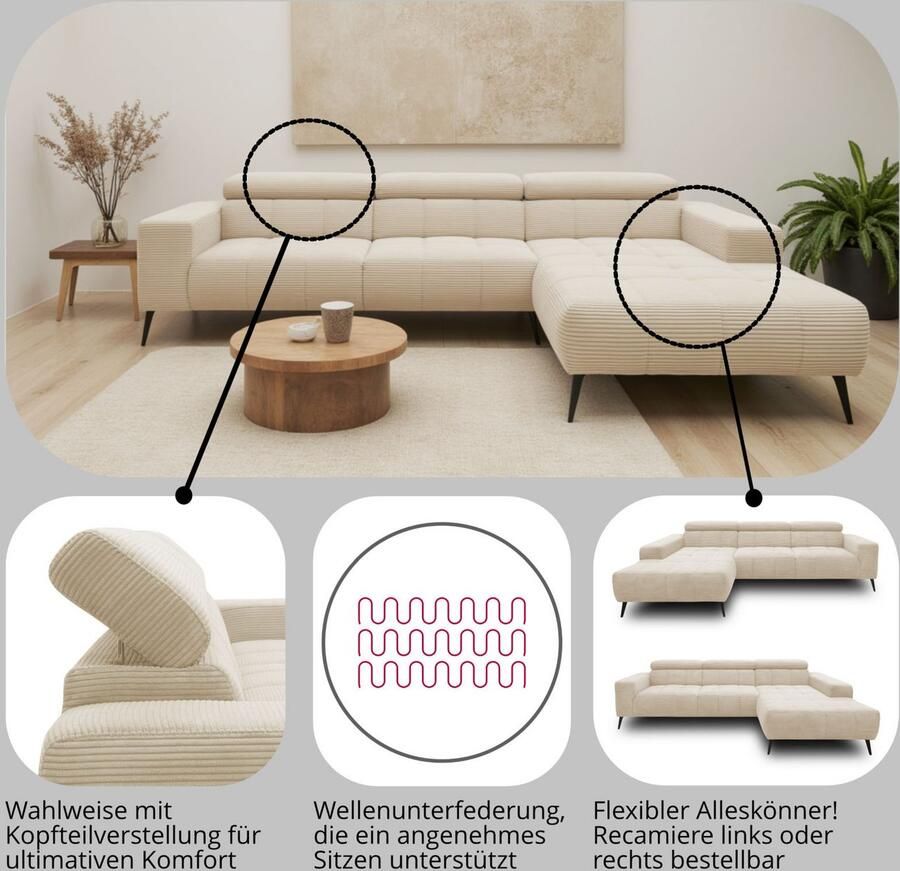 DOMO collection Hoekbank Trento L-vorm met sledevoet of enkele voet naar keuze met verstelbare hoofdsteun récamier links rechts bestelbaar