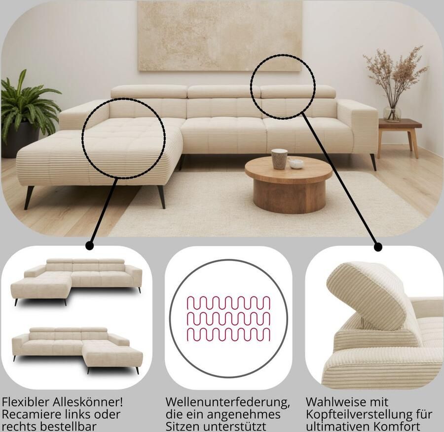 DOMO collection Hoekbank Trento L-vorm met sledevoet of enkele voet naar keuze met verstelbare hoofdsteun récamier links rechts bestelbaar - Foto 2