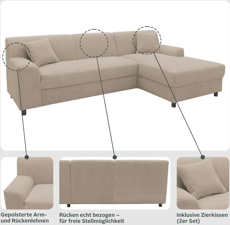 DOMO collection Hoekbank Turah 2 L-Vorm Corduroy of Luxe-Microvezel comfortabele binnenvering - Foto 3