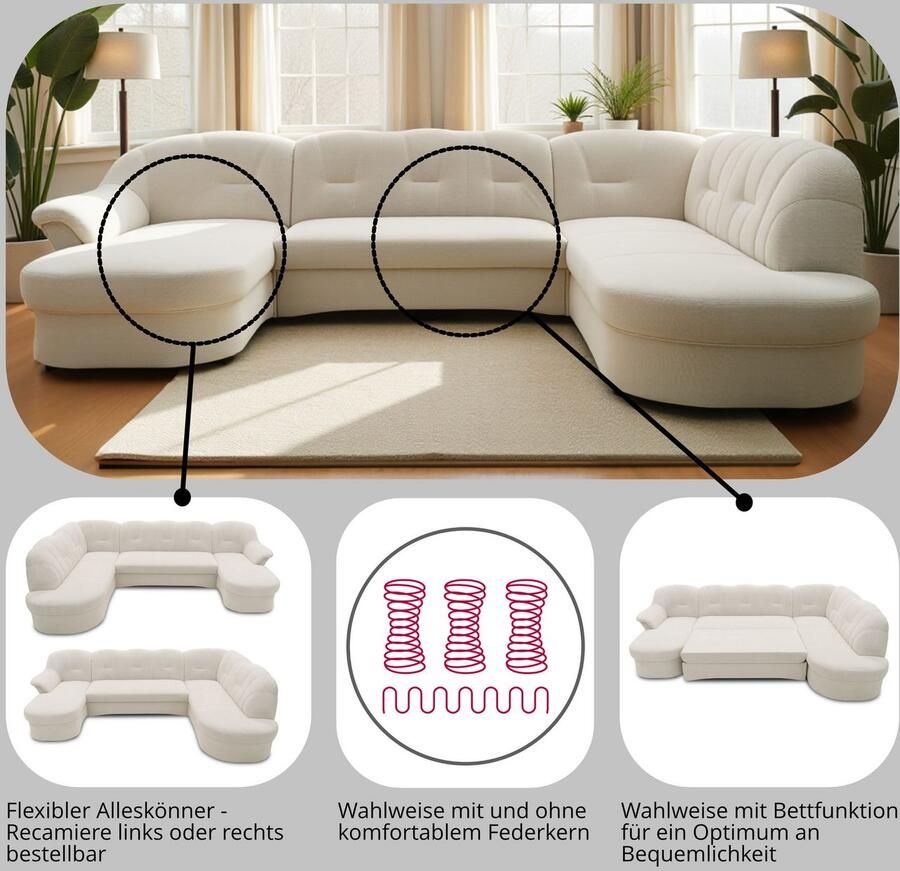 DOMO collection Zithoek Flores ook in leren bekleding B D H: 293 180 86 cm U-vorm (3 stuks)