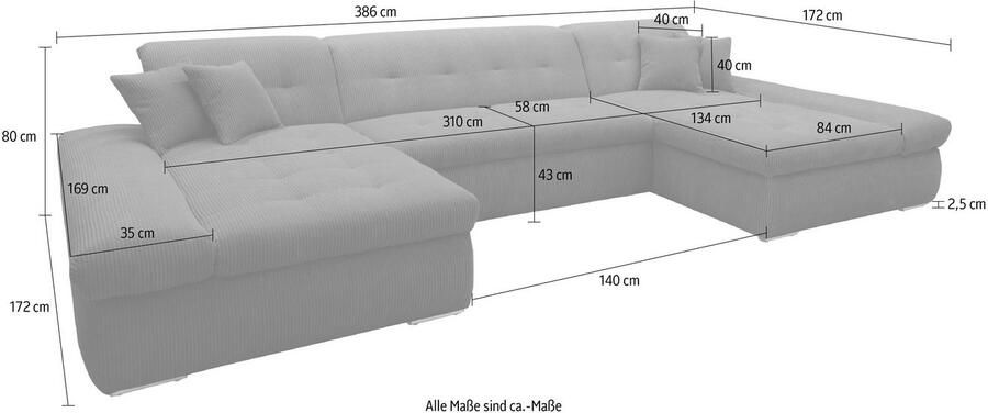 DOMO collection Zithoek Moric optioneel met slaapfunctie en armleuningsverstelling XXL U-vorm aan beide zijden met recamière incl. sierkussen cord-bekleding - Foto 3