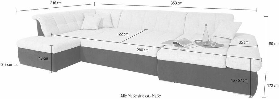 DOMO collection Zithoek PB Moric optioneel met slaapfunctie + armsteunverstelling L-vorm XXL-formaat BxDxH: 353x216x80 cm fijn doorgestikt patroon incl. sierkussens - Foto 5