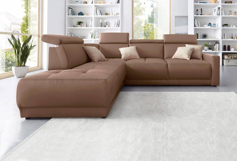 DOMO collection Hoekbank Ava moderne zitstiksels met mooie dubbele naad comfortabel L-vorm met ottomane inclusief veren optioneel met hoofdeinde verstellingen