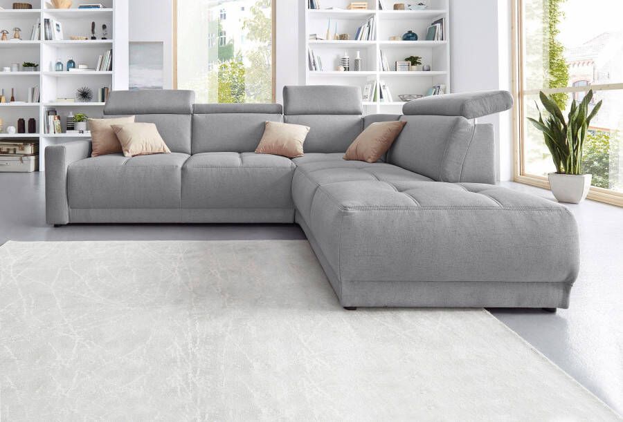DOMO collection Hoekbank Ava moderne zitstiksels met mooie dubbele naad comfortabel L-vorm met ottomane inclusief veren optioneel met hoofdeinde verstellingen