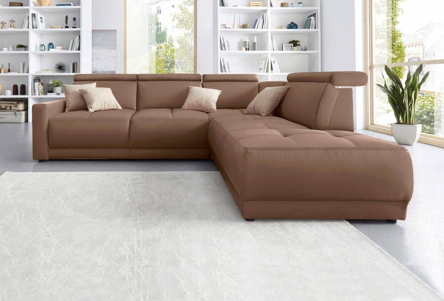 DOMO collection Hoekbank Ava moderne zitstiksels met mooie dubbele naad comfortabel L-vorm met ottomane inclusief veren optioneel met hoofdeinde verstellingen