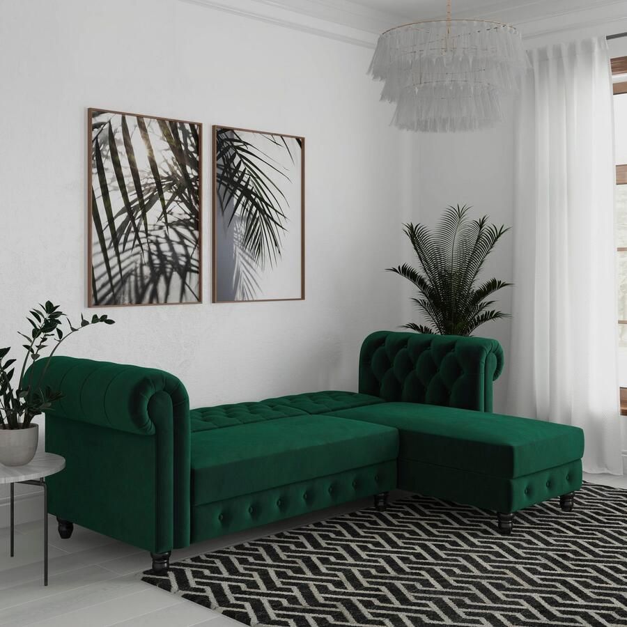 Notio Living Loft24 Felix Chaise longue slaapbank in donkergroen velours (83 x 241 x 154 cm) - Foto 5